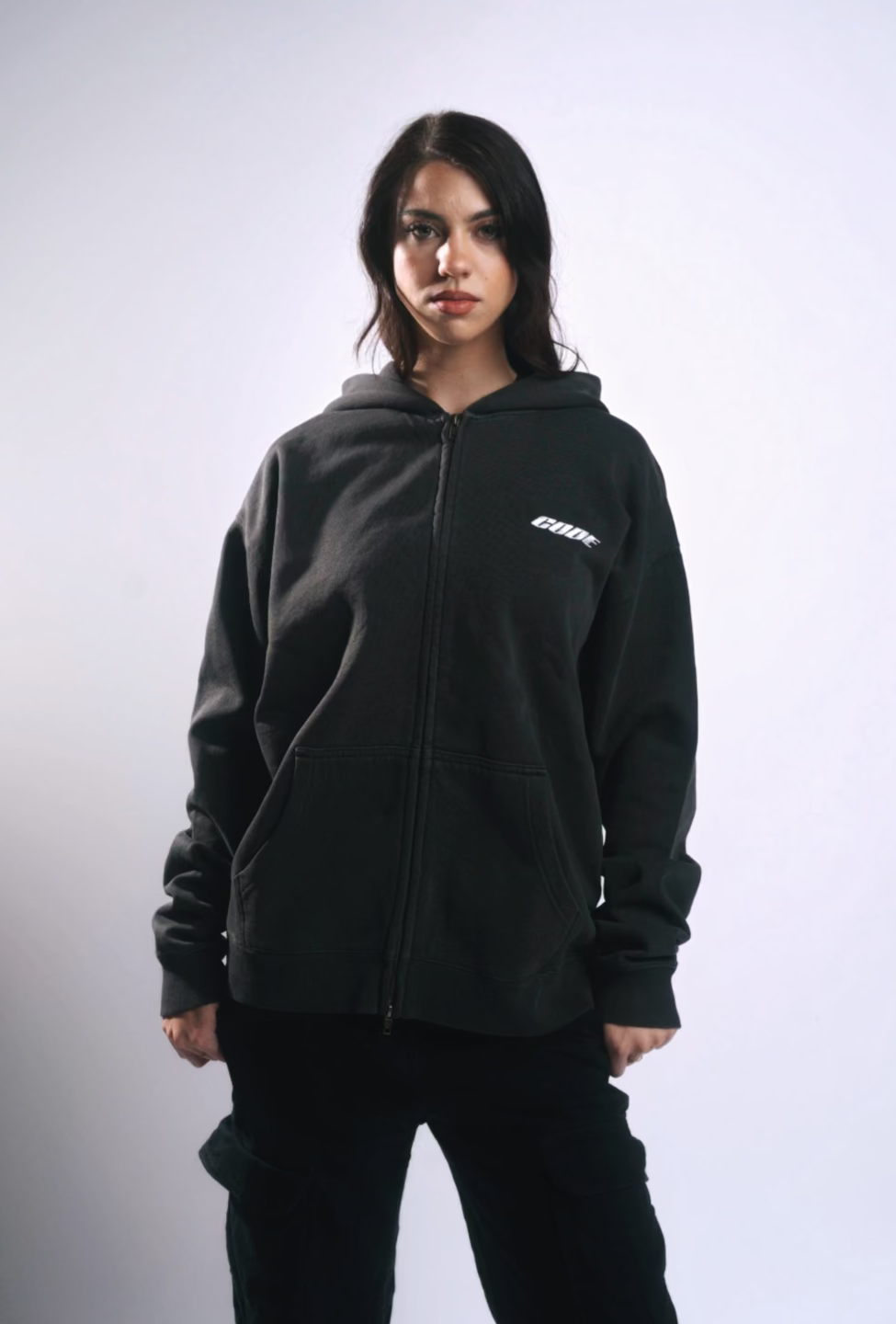 “CODE 01” MID-WEIGHT FULL ZIP HOODIE - FADED BLACK