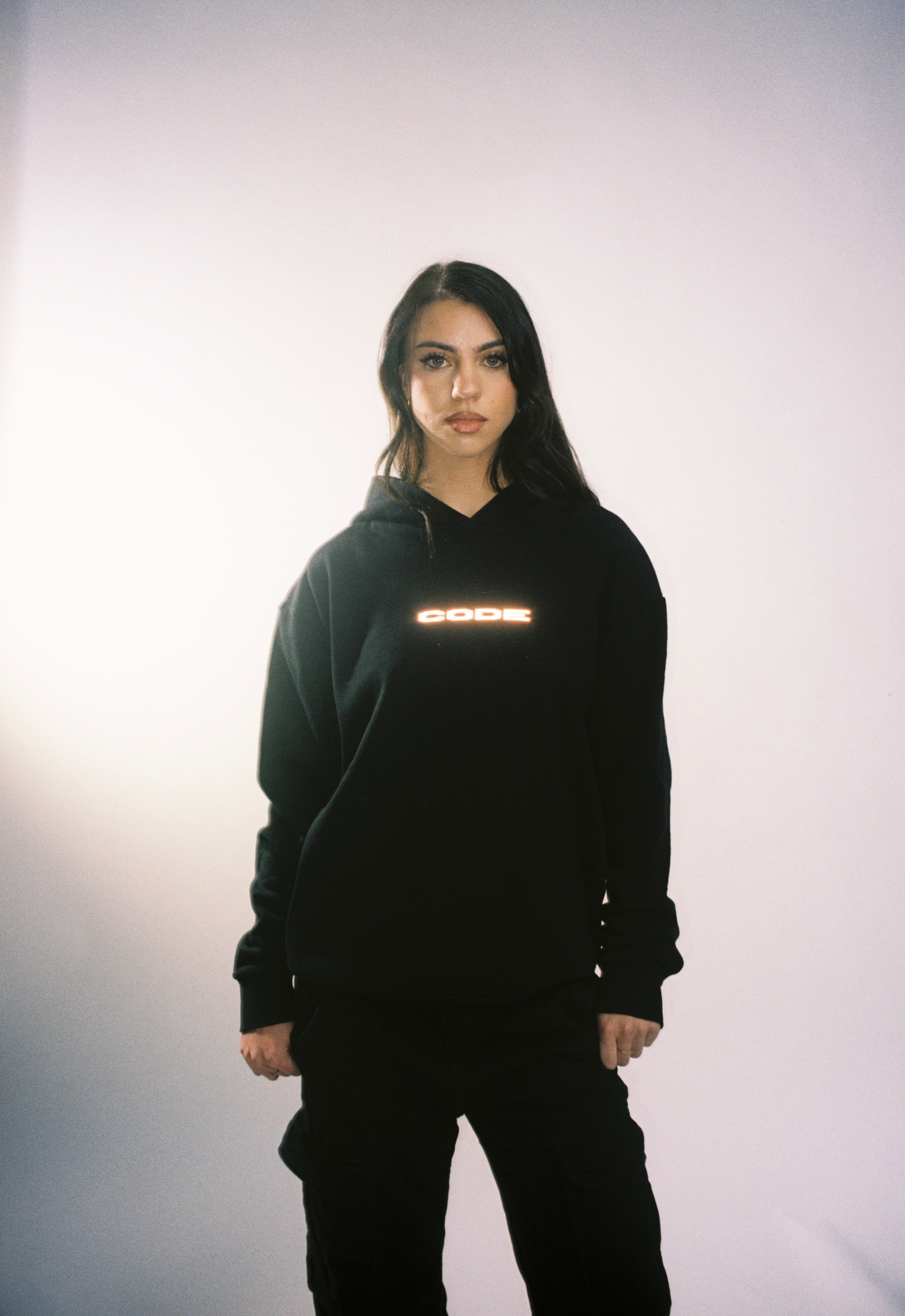 "CODE 01" HOODIE, BLACK REFLECTIVE