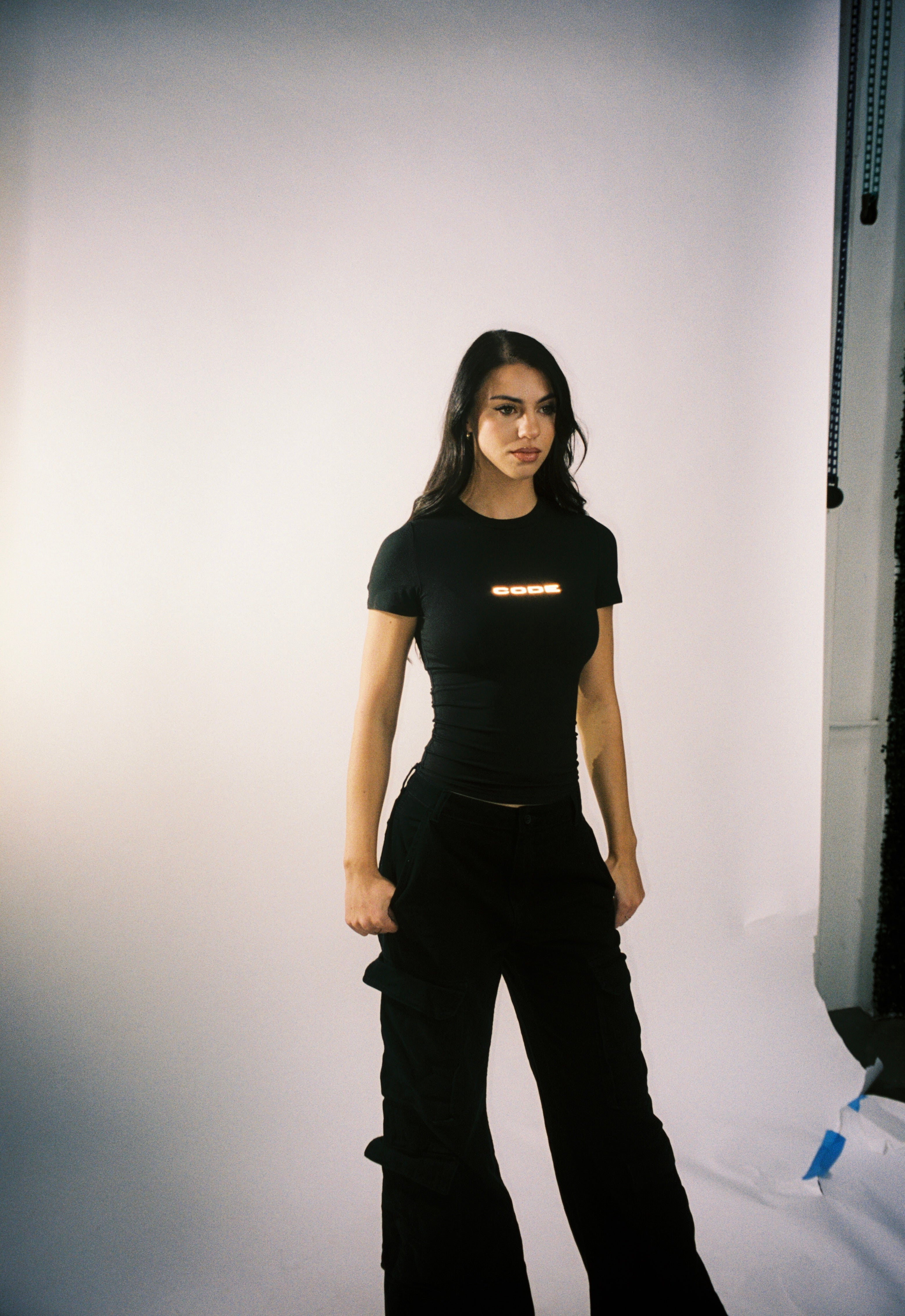 "CODE 01" WOMEN'S BABY TEE, BLACK REFLECTIVE